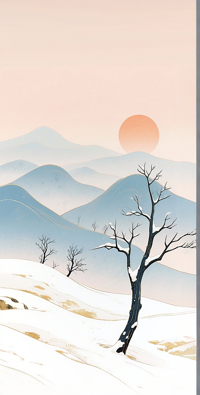 竖版国风山水插画，主体是山峦间稀疏分布的枯树（纤细墨青简洁枯枝干），背景层叠淡蓝色远山（渐隐朦胧质感），上方悬浅橙圆日（暖光晕）；场景为布满积雪的山坡落日，空濛悠远；风格融合中国水墨晕染 + 淡彩插画，笔触轻柔；色调以浅粉橙天空、灰蓝山水、白 + 墨青枯树枝为主，低饱和度柔和；构图左侧一颗枯枝前景，中间远山（远山中间穿插几颗稀疏枯树枝），右上日出，细节体现枯枝上的少量积雪、远山层次。画面比列为9:16，生成图尺寸大小为1242*2208px。