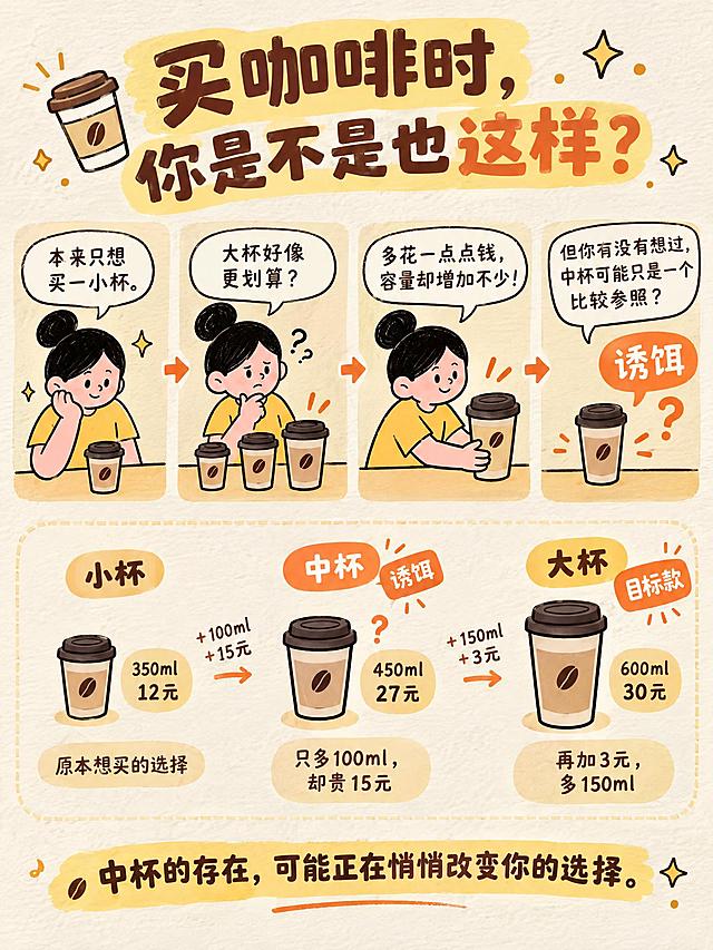 参考图的整体配色、插画风格、线条质感与视觉语言，生成一张微信公众号经济学科普系列插画，主题为「买咖啡时的诱饵效应」。整体采用简约扁平手绘风格、平面卡通插画，背景为柔和的米白色哑光纸张肌理，带有轻微纸张颗粒感与手绘质感。配色使用低饱和度的奶咖色、焦糖棕、浅卡其色、奶油黄及少量暖橙色点缀。2D矢量插画形式，线条干净圆润，轮廓简洁清晰，平面构图、平光效果，无明显阴影、复杂渐变、立体透视。

画面竖版构图，比例约3:4，从上到下分为四个区域：

1. 顶部标题区：主标题「买咖啡时，你是不是也这样？」，采用圆润清晰有亲和力的中文字体，标题旁搭配小型咖啡杯、手绘星星、圆点等装饰元素。

2. 中部情景插画区：一位简约可爱的卡通消费者（丸子头女生，与参考图人物造型一致），表现从犹豫到觉得大杯更划算的心理变化。通过四个小步骤从左到右连续叙事：
   - 第一步：人物看着一杯小咖啡，神情轻松，文字气泡「本来只想买一小杯。」
   - 第二步：小、中、大三杯咖啡并排展示，人物看着三杯咖啡露出思考表情，文字「大杯好像更划算？」
   - 第三步：人物伸手选择大杯咖啡，配向右箭头，文字「多花一点点钱，容量却增加不少！」
   - 第四步：中杯咖啡旁出现手绘问号和暖橙色「诱饵」标签，文字「但你有没有想过，中杯可能只是一个比较参照？」

3. 下方核心对比区：三杯咖啡并排，杯型统一，尺寸由小到大清晰区分：
   - 小杯｜350ml｜12元，奶咖色纸杯，辅助文案「原本想买的选择」
   - 中杯｜450ml｜27元，旁边暖橙色标签写「诱饵」，辅助文案「只多100ml，却贵15元」，配小问号
   - 大杯｜600ml｜30元，焦糖棕或奶油黄色强调，配「目标款」标签，辅助文案「再加3元，多150ml」
   杯间有比较符号：「+100ml / +15元」和「+150ml / +3元」

4. 底部点题区：文字「中杯的存在，可能正在悄悄改变你的选择。」

整体情绪轻松幽默有生活代入感，信息层级清晰，留白充足，适合手机端阅读。与参考图在色彩、插画语言、线条和整体气质上形成统一系列。避免写实摄影、3D渲染、强烈透视、厚重阴影、金属质感、复杂渐变、霓虹色、高饱和红色、杂乱背景、过度装饰。