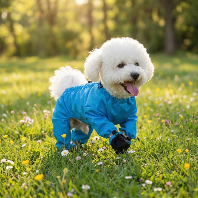 以图中的狗狗衣服为元素,狗狗穿着衣服玩耍,生成6张跟狗狗衣服有关的图,物体主体特征不变,比例 「1:1」预览效果