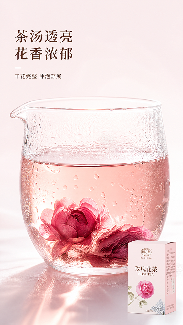 [第3屏] 茶汤质感屏-玫瑰花茶冲调展示特写。
[氛围/风格] 清爽通透质感，干净治愈氛围感，柔和暖光，高级商业摄影质感。
[元素布局] 透明玻璃公道杯放置画面中心，占满画面70%区域，杯中盛放透亮浅粉色玫瑰花茶，清晰可见杯底两三朵舒展的干玫瑰花冠，杯壁挂着细水珠，营造清凉通透感。玫瑰花茶产品包装放置画面右下角作为品牌露出，保持包装结构和颜色与参考图一致。画面左上角留出文字区域。
[光影质感] 侧后方逆光拍摄，突出茶汤通透感，光线柔和，茶汤光泽自然，产品包装和杯子边缘清晰。
[配色色系] 全局底色：#FAF0F2（浅柔粉）；主体配色：#F3F9FC（透亮杯体）+#F7C8D8（浅粉茶汤）+#B35A71（玫瑰花瓣），文字沿用深棕色，和前屏一致。
[视角构图] 侧逆光平视特写构图，茶汤占据中心视觉，产品包装右下角点缀，整体画面干净重点突出。
[文字版式] 左上角主标题「茶汤透亮 花香浓郁」深棕色温润宋体，左对齐，字号适中。标题下方副标题「干花完整 冲泡舒展」棕色小字，保留和首屏相同字体和字色，纯色填充，风格统一。文字不遮挡茶汤主体。
[比例分辨率] 9:16 竖版比例，4K分辨率，文字清晰可辨，超高清。
[负向提示词] 茶汤浑浊，杯子变形，颜色偏色，文字错乱，背景杂乱，污渍。