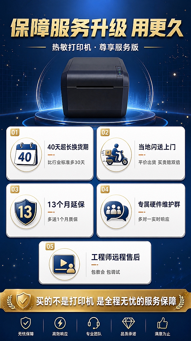 热敏打印机五大服务优势总览图，单张整合全部服务卖点，标题改为「保障服务升级 用更久」。
[氛围/风格] 专业商务科技风，高端大气，商业设计质感，信息清晰易读。
[元素布局] 画面顶部为大标题区，占比约15%；中间主体区域为5个服务优势卡片，采用2+2+1上下错落排列，每个卡片配对应图标；底部为总结承诺区；背景为深蓝色渐变科技感背景，带有细微网格线和金色光点粒子；中央偏上放置一个通用热敏打印机剪影（无品牌标识）作为产品识别元素。
[光影质感] 顶部柔光均匀打亮，卡片有轻微悬浮阴影，整体明亮有层次。
[配色色系] 全局底色 #0F2B5B 深蓝渐变；主色深蓝色+金色 #D4AF37 点缀；辅助色白色文字、浅蓝科技光效、橙色强调标签。
[视角构图] 正面居中对称构图，阅读动线从上到下，5个卖点分区清晰不拥挤。
[文字版式] 顶部主标题「保障服务升级 用更久」金色加粗大字居中；副标题「热敏打印机 · 尊享服务版」白色小字；5个服务优势卡片白色圆角矩形，每张卡片左侧配图标右侧文字：① 日历图标+「40天超长换货期」标题+「比行业标准多30天」小字；② 闪送骑手图标+「当地闪送上门」标题+「平价出货 买贵赔双倍」小字；③ 盾牌+13图标+「13个月延保」标题+「多送1个月质保」小字；④ 群聊图标+「专属硬件维护群」标题+「多对一实时响应」小字；⑤ 视频图标+「工程师远程售后」标题+「包教会 包调试」小字；底部金色横条白色大字「买的不是打印机 是全程无忧的服务保障」。
[比例分辨率] 9:16竖版比例，4K分辨率，文字清晰可辨，高清画质。
[负向提示词] 变形，水印，文字错乱，文字过小，背景杂乱，颜色偏差，卡片拥挤，出现品牌名称，出现芯烨字样。