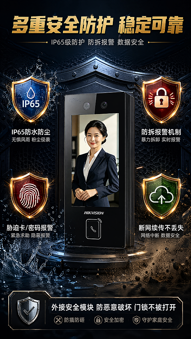 [第7张] 详情页安全耐用-IP65防护与多重安全机制。本张使用【图1】门口机作为主体，展示安全防护特性。
[氛围/风格] 硬核安全风，深色背景配盾牌、锁甲等安全元素，坚固可靠的安防产品气质。
[元素布局] 画面中央为门口机产品（占画面约30%），周围环绕4个安全防护图标：盾牌代表IP65防护、锁头代表防拆报警、指纹代表胁迫报警、云代表断网续传；背景有金属网格和防护罩的视觉元素，暗示坚固防护；底部有水花飞溅和灰尘的示意，表现防水防尘；保持门口机外观与输入图一致。
[光影质感] 产品正面硬朗打光，突出金属质感和坚固感；安全图标有金色发光边框；整体暗调突出产品和图标，光影对比强烈。
[配色色系] 全局底色 #0D1B2A 深蓝黑；主色 金色 #FFB300 安全盾牌色；辅助色 红色 #E53935（报警）、蓝色 #1976D2（防护）、绿色 #43A047（数据安全）；文字白色+金色。
[视角构图] 中心放射式布局，产品在中央，4个安全图标围绕四周，阅读动线从中心产品 → 四周图标 → 底部说明。
[文字版式] 顶部主标题「多重安全防护 稳定可靠」，金色粗体居中；副标题「IP65级防护 防拆报警 数据安全」，浅灰色小字；4个环绕图标各配文字：「IP65防水防尘」「防拆报警机制」「胁迫卡/密码报警」「断网续传不丢失」；底部补充说明「外接安全模块 防恶意破坏 门锁不被打开」，白色小字配盾牌图标；文字层级清晰，安全主题突出。
[比例分辨率] 9:16 竖版比例，4K分辨率，文字清晰可辨，高清画质。
[负向提示词] 设备变形，颜色偏差，水印，文字错乱，图标模糊，安全元素不清晰。