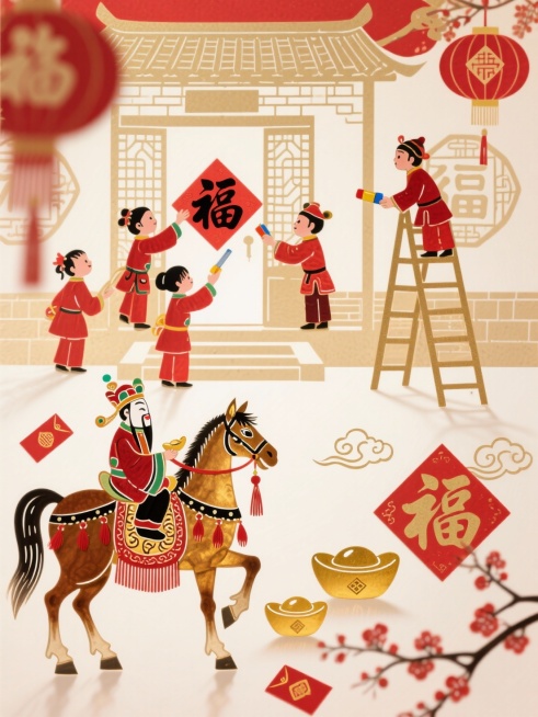 纯皮影风格（皮影，透光感），皮影戏，纯平面，主体是穿红衣的孩童们（有的贴 “福” 字、有的递胶水、有的扶着梯子），画面下方是财神骑金棕骏马（装饰财纹、红流苏），骏马前蹄踏门槛，嘴衔 “福” 字，神态得预览效果
