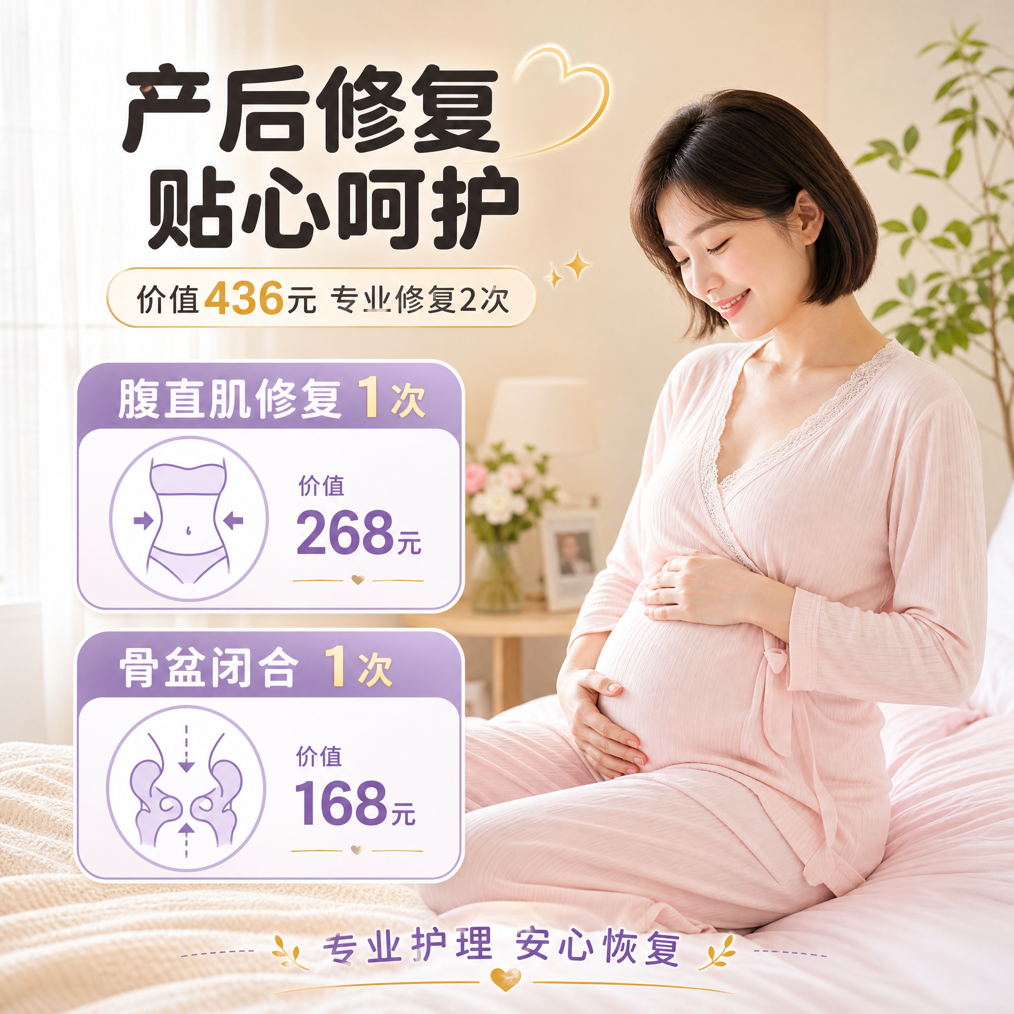 [主图-4] 99元孕妈礼包产后修复权益展示，温馨产后护理场景… - 图片创意预览