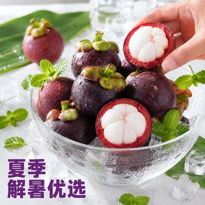 [主图-4] 夏季食用场景体验图
[氛围风格] 生活场景代入，清新解暑氛围
[画质] 商业摄影质感，光线柔和通透，产品清晰真实，画面干净高级
[元素] 保持山竹外观品质与原图一致，玻璃冰碗中盛放完整和预览效果