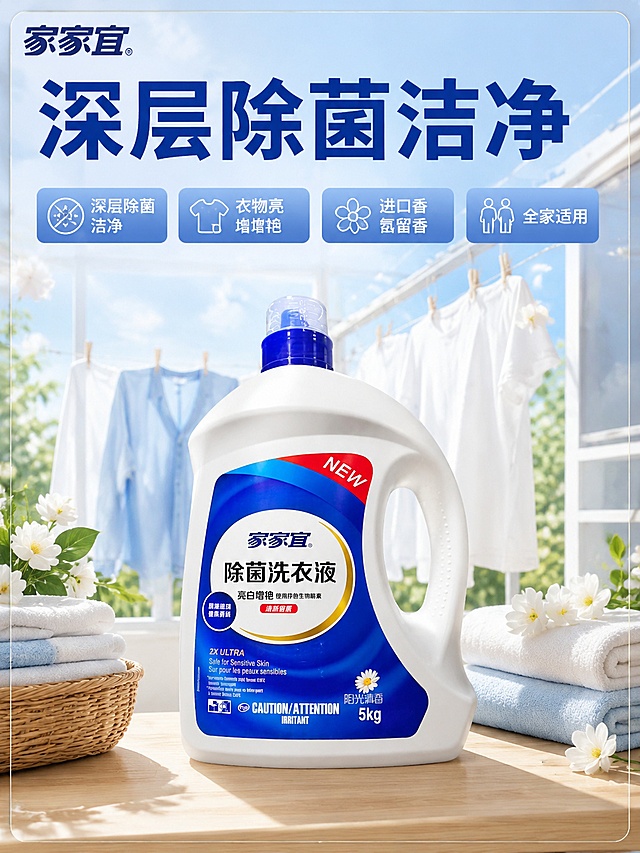 [主图-1] 家家宜除菌洗衣液首图，突出十斤大容量和核心卖点；氛围风格明亮清新的家居洗护场景风；画质商业摄影质感、光线柔和通透、产品清晰真实、画面干净高级；元素5kg瓶装家家宜除菌洗衣液居中展示，放置在干净阳台洗衣区的浅木色台面上，背景是干净白色阳台晾晒着整洁干净的衣物，衣物散发出淡淡香氛氛围感，保持家家宜洗衣液产品外观（物理结构、材质质感、颜色）与输入产品图绝对一致，杜绝任何变形和色差，精细化处理。商品主体占比严格控制在65%左右，画面满屏带轻微爆款边框；光影柔和明亮的自然阳台天光，主光照亮瓶身，轮廓清晰高光自然，背景漫反射柔和补光，整体通透不发灰；配色主色调清透干净蓝白色，辅助色浅木色原木暖调；视角构图平视正视角，景深适中，主体突出轮廓完整不裁切；文字版式左上角放置提取自原图的家家宜品牌Logo，安全边距不遮挡主体，顶部大字主文案"深层除菌洁净"，粗体深蓝色醒目最大字号，下方分四列展示四个核心卖点：深层除菌洁净、衣物亮白增艳、进口香氛留香、全家适用，每个卖点配小图标，白色字配淡蓝色背景块，对比清晰易读；输出要求3:4比例，文字清晰锐利，超高清商业摄影质感；负向提示词变形，文字错乱，产品图模糊，背景杂乱，水印，电商平台Logo