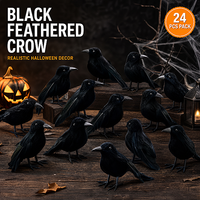[主图-1] Halloween Black Feathered Crow Figurines product showcase, 保持产品外观、羽毛纹理、黑色质感和提供的产品图保持绝对一致，杜绝任何变形和色差，精细化处理。
氛围风格：Spooky Halloween holiday atmosphere, high-end commercial photography style.
画质：商业摄影质感、光线柔和通透、产品清晰真实、画面干净高级、4K超高清分辨率。
元素：Multiple realistic black feathered crows placed on a dark textured wooden table, with a subtle Halloween decorative background including a small carved pumpkin and faint spider webs in the corner, product as the absolute main focus, product subject occupies 70% of the frame. 保持乌鸦摆件的羽毛纹理、黑色质感和提供的产品图一致，精细化处理。画面满屏无边框。
光影：Main light from the upper left, soft ambient fill light, highlighting the feather texture, creating a hazy Halloween atmosphere, high light not overflowing, dark part has layers, no cheap HDR effect.
配色：Main color is deep black, auxiliary colors are dark brown wood, orange pumpkin accent, mysterious low-key overall matching.
视角构图：45 degree oblique平视, front focus, clear depth of field, complete product contour no cutting.
文字版式：Upper left negative space left alignment with safety margin, large text "BLACK FEATHERED CROW", white bold large sans-serif font; small auxiliary text "REALISTIC HALLOWEEN DECOR", half size, light orange color. Upper right "24 PCS PACK" orange circular label with white text, keep inner margin. All text clear readable, no overlapping product.
比例分辨率：1:1 比例，2048x2048 像素，4K 分辨率，文字清晰锐利。
负向提示词：变形，水印，文字错乱，产品模糊，背景杂乱，文字遮挡主体