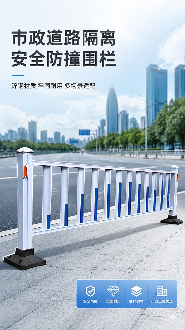 [第1屏] 详情页首屏黄金区——城市交通护栏公路隔离安全防撞栏杆人行道马路分流市政道路锌钢护栏主视觉海报。本屏使用【图1】作为商品主体。
[氛围/风格] 专业商务工程风，明亮通透背景，商业摄影质感，突出产品坚固稳重气质。
[元素布局] 锌钢护栏主体放置在画面中下区域，占比约70%，整体结构、颜色蓝白配色与原图保持一致，左上角预留主标题区域，右下角预留副标题和信息条。背景搭配简洁的城市道路远景虚化处理，营造真实使用场景。
[光影质感] 正面柔光均匀打光，底部自然投影，整体光影通透，产品轮廓清晰，材质质感真实。
[配色色系] 全局底色 #f5f7fa；主色蓝白护栏本身配色；辅助色深灰标题文字和浅蓝装饰条。
[视角构图] 正面45度斜视角，产品为绝对视觉中心，阅读动线从上到下，左上标题→中下产品→右下信息。
[文字版式] 主标题「市政道路隔离 安全防撞围栏」，副标题「锌钢材质 牢固耐用 多场景适配」，主标题加粗醒目，副标题辅助说明，文字清晰不遮挡产品主体。
[比例分辨率] 9:16竖版比例，4K分辨率，文字清晰可辨，高清画质。
[负向提示词] 产品变形，颜色偏差，缺件错件，结构错误，文字错乱，文字过小，水印，背景杂乱