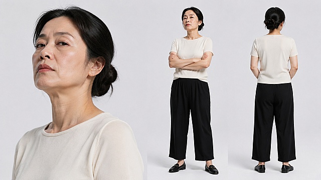 参考图的角色图规格，生成一张新角色图：50岁普通职场女性，身高155cm，中长发扎低丸子头，神态强势，自以为是，习惯用为你好掩盖内心焦虑，穿着米白色短袖上衣，黑色宽松奶奶裤