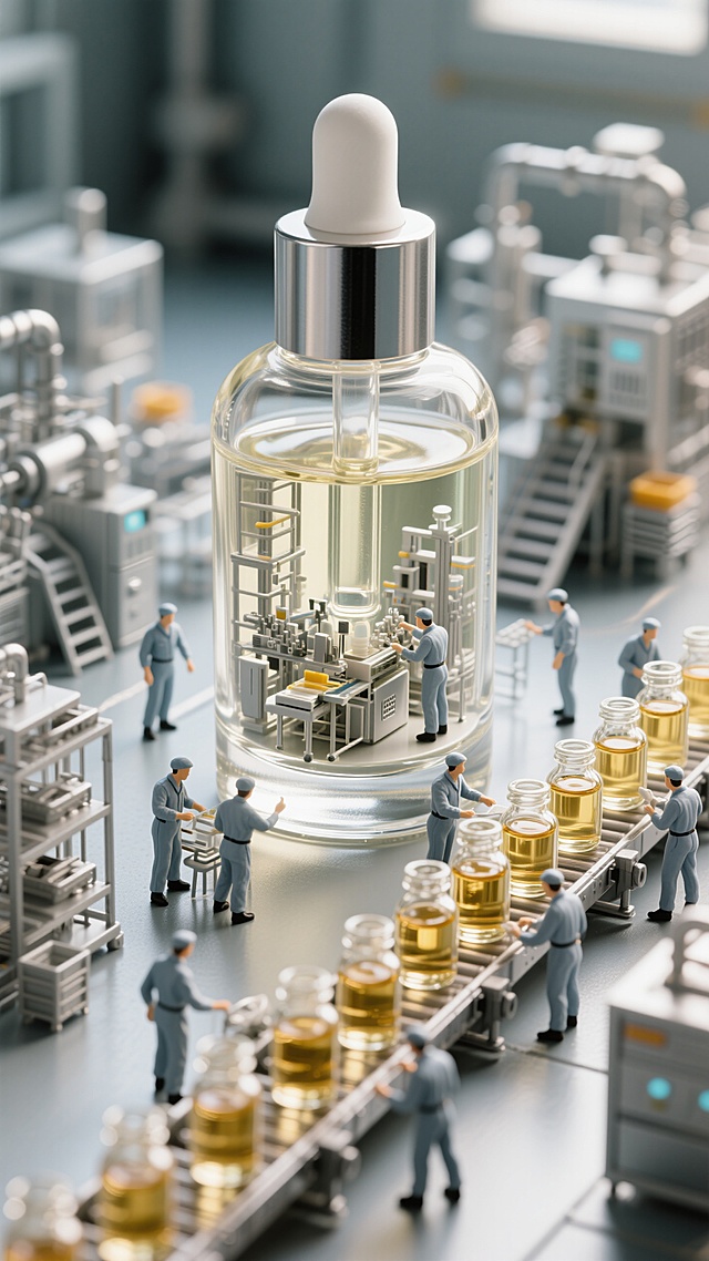 一瓶巨大的精华，里面有一个微型工厂，工厂生产线正在生产精华液，工人们正在忙碌，生产线延伸出来，源源不断的玻璃瓶精华液运出；高端整洁