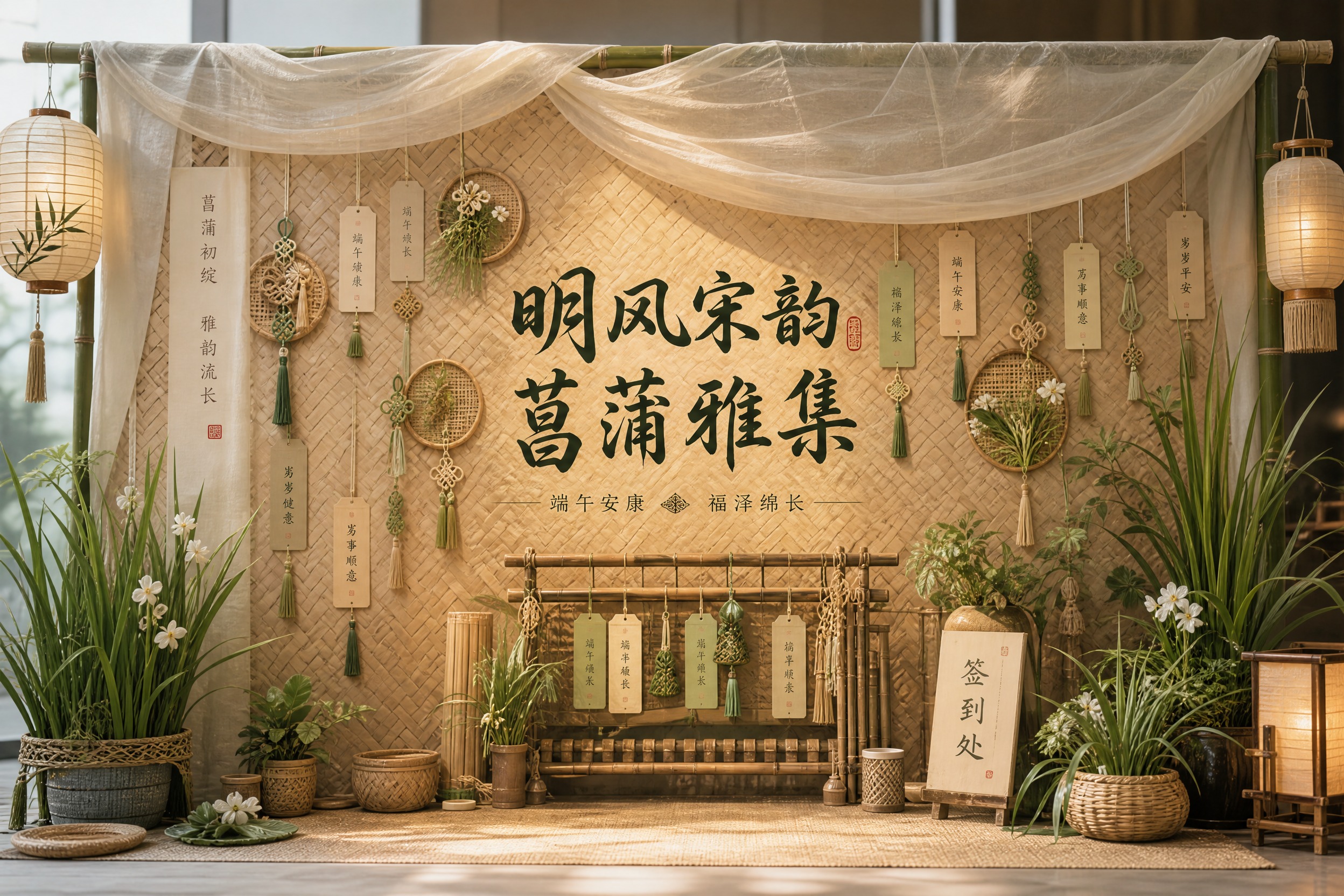 设计一个竹编纱幔签到背景墙，竹编祈福墙，高2米宽3米的横版比例… - 图片创意预览