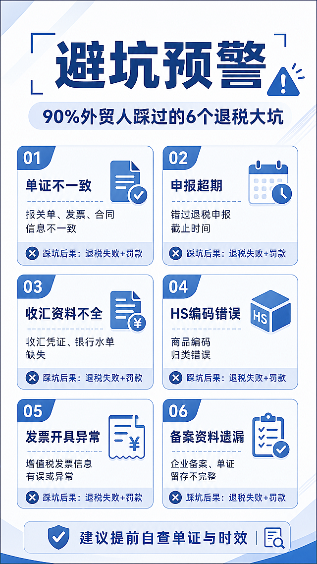 小红书笔记内页图，标题避坑预警，统一简约商务蓝色系，内容列出90%外贸人踩过的6个退税大坑，并标注踩坑后果：退税失败+罚款，保持统一蓝色排版风格，文字清晰，手机竖屏展示。