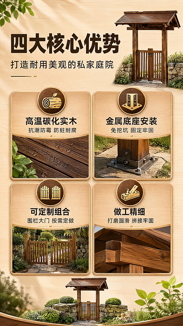 [商品] 使用【图1】高温碳化实木庭院门局部（立柱+门扇+屋顶）；保留深棕碳化木色、木纹质感、金属锁扣等关键特征；产品缩小作为视觉锚点，不占满画面。
[画面] 页面目标：核心卖点总览，4大核心优势图标化呈现，让买家快速了解产品价值。构图：顶部主副标题区，下方2×2四宫格卖点卡，产品图缩小置于顶部右侧或底部中央作点缀。景别：信息展示为主，产品小图作身份确认。阅读动线：顶部标题→四宫格逐格阅读。背景：浅木色渐变底，带细腻木纹肌理。
[视觉] 套系策略：风格=自然庭院实景商业摄影，温暖治愈系；标题字=粗黑体，厚重有力；正文字=常规黑体，清晰易读；主色=深棕木色；背景延展=基于深棕木色做深浅层级，搭配自然绿植绿、米白石材色、暖阳光色；强调色=暖金色，仅用于小面积图标、引线、标签和高光点缀；标题色=深炭棕色；正文色=中暖棕色；组件=圆角木质纹理信息卡、细线引线、木质图标；光影=左前侧暖自然光，柔和树影，木质表面有自然光泽。
[文字] 顶部主标题「四大核心优势」，副标题「打造耐用美观的私家庭院」；四宫格每格配图标+短标题+1行说明：1.「高温碳化实木」抗潮防霉 防蛀耐腐；2.「金属底座安装」免挖坑 固定牢固；3.「可定制组合」围栏大门 按需定做；4.「做工精细」打磨圆滑 拼接牢固；所有文字横向排版，字号保证手机端可读。
[规格] 图片比例9:16竖版，4K分辨率，负向提示：避免变形、错字、文字过小、冷蓝灰背景、产品塑料质感、绝对化用语、竖排文字。