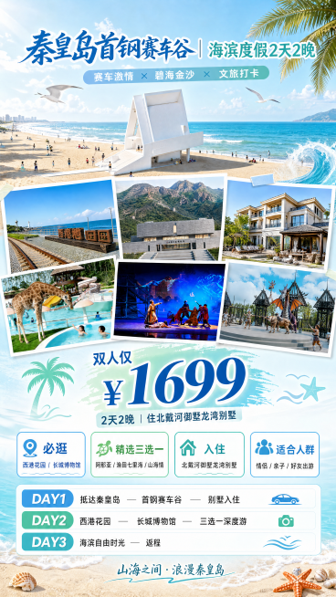 秦皇岛首钢赛车谷旅游宣传海报，展示2天2晚双人游仅1699元，包含住北戴河御墅龙湾别墅，西港花园和长城博物馆必逛，阿那亚、渔田七里海、山海情三选一，整体风格清新度假风，突出海滨旅游特色，包含清晰的价格预览效果