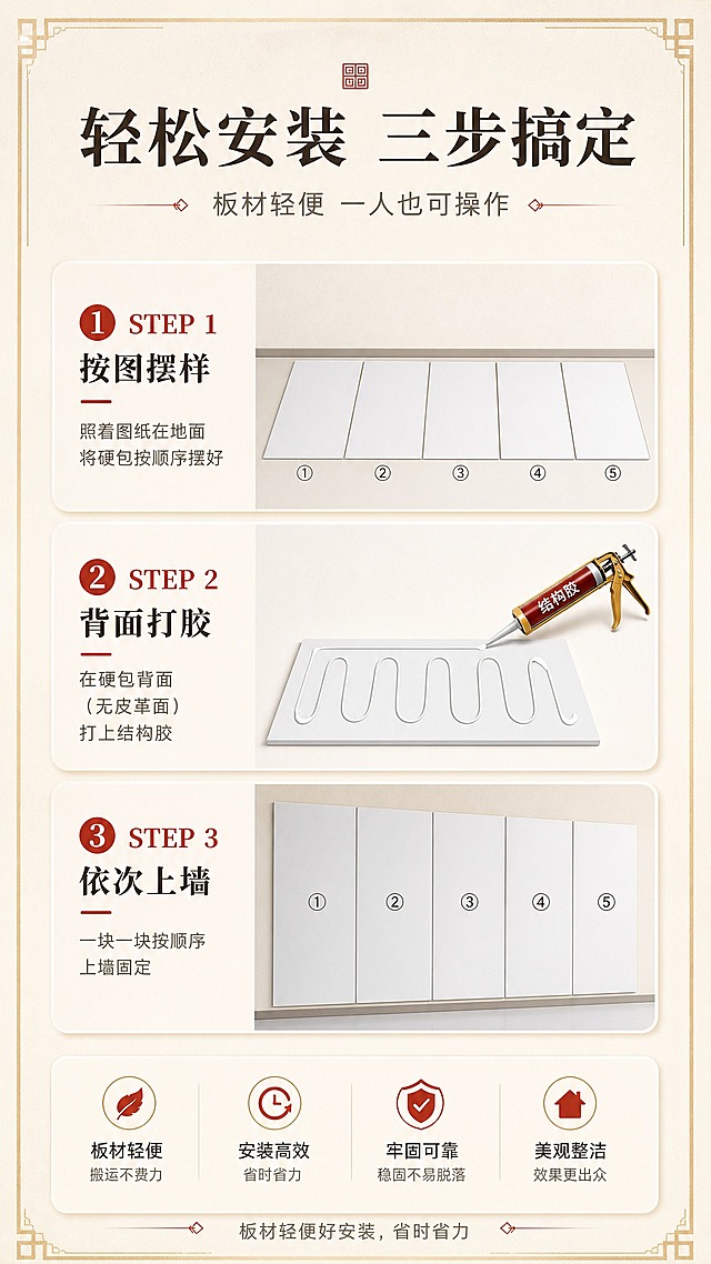 [商品] 使用【图6】雪弗板板材图、【图7】雪弗板侧面图；保留白色雪弗板材质、9mm厚度、平整板面；商品处理：保留板材真实质感，去除参考图瑕疵，增强干净整洁感。
[画面] 目标：安装步骤演示，3步安装法清晰易懂。构图：上1/5标题区，中间3/5为三步安装流程图，横向或纵向排列3个步骤图示，每步配简洁插画/示意图；下1/5为安装优势总结；阅读动线从上到下依次阅读三步。
[视觉] 套系策略：风格=新中式高端雅致商业摄影风；标题字=宋体加粗衬线体，东方韵味；正文字=简洁无衬线黑体；主色=米杏暖白；背景延展=基于米杏暖白做深浅层级、同色渐变和宣纸/布艺质感；强调色=朱砂红+鎏金，仅用于小面积图标、引线、标签和重点字；标题色=深墨褐；正文色=中暖灰；组件=圆角浅底信息卡、细线引线、中式回纹装饰边、步骤序号圆圈；光影=均匀柔和光线，示意图清晰明了。
[文字] 顶部主标题"轻松安装 三步搞定"，副标题"板材轻便 一人也可操作"；三步分别为："STEP 1 按图摆样——照着图纸在地面将硬包按顺序摆好"、"STEP 2 背面打胶——在硬包背面（无皮革面）打上结构胶"、"STEP 3 依次上墙——一块一块按顺序上墙固定"；底部小字补充"板材轻便好安装，省时省力"。
[规格] 图片比例9:16竖版，分辨率2K，避免变形、错字、文字过小、冷蓝/冷灰背景、步骤混乱。