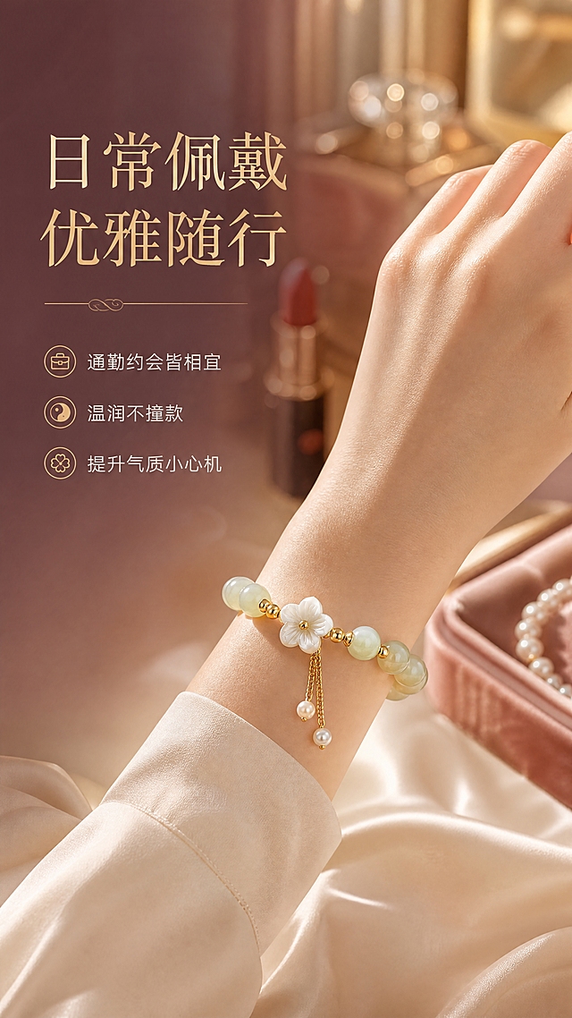 [商品] 使用【图1】MOLADY沫兰和田玉花朵手链；保留手链完整结构：浅青和田玉圆珠、白色贝母五瓣花、金色隔珠与延长链、珍珠尾坠；增强玉珠温润质感，不改变产品颜色和比例。
[画面] 目标：日常佩戴场景种草，展现手链的百搭气质；构图：左文右图竖版，手链佩戴在亚洲女性纤细手腕上，位于画面右侧中部，占画面约45%；左侧留白放置文案；场景：精致的梳妆台前，背景虚化的香水瓶、口红、丝绒首饰盒等女性生活物件；前景：桌面铺有米白色丝绸布料；中景：手腕与手链清晰呈现；后景：暖调虚化的室内环境，柔和自然光从窗边洒入。
[视觉] 套系策略：风格=轻奢国风高级商业摄影；标题字=优雅宋体衬线体；正文字=简洁现代无衬线体；主色=豆沙粉+暖金；背景延展=基于豆沙粉做深浅渐变、同色系明暗层次和细腻绒面/丝绸质感；强调色=香槟金，仅用于小面积图标、引线、装饰线条和光效；标题色=暖金色；正文色=米白色；组件=细线金色分割线、圆角浅金信息卡；光影=左前侧45度暖柔光，玉珠呈现通透温润光泽，金属部分有细腻高光，整体氛围柔和浪漫。
[文字] 画面左侧上方：主标题"日常佩戴 优雅随行"（暖金宋体大字），下方3个短卖点：「通勤约会皆相宜」「温润不撞款」「提升气质小心机」；文字左对齐，不遮挡手链主体。
[规格] 图片比例9:16竖版，4K分辨率，负向提示：避免变形、错字、文字过小、冷蓝背景、产品颜色改变、结构失真、平台Logo、水印、二维码、绝对化用语。