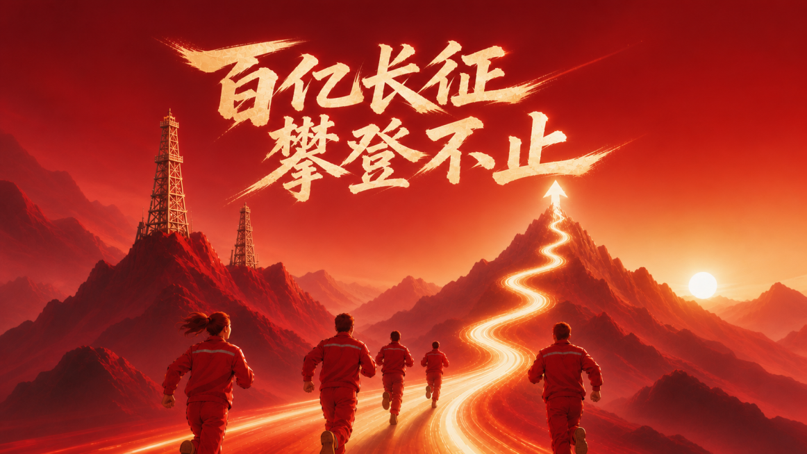 参考第二张图，将第一张图整体调整得更平滑，减少细碎的细节纹理，保留构图、文案"百亿长征 攀登不止"、五位红工衣跑步者和钻井塔，让山和整体画面更柔和平滑，和参考图质感一致预览效果