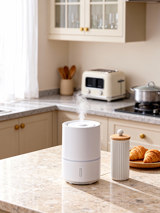 主体后面很模糊，核心主体：加湿器（占画面比例15%）在前景米色大理石桌上，主体在视觉中心点上，旁侧物品：加湿器右侧是长细小的白色竖纹陶瓷储物罐（顶部有圆球手柄圆形浅木盖），储物罐后面旁露出一半模糊的浅木色圆盘内盛放 2 个牛角面包，虚化的背景环境元素，模糊的拐角浅灰色石台面（低反光率，表面呈柔和哑光质感），台上有模糊的浅米色哑光烤漆橱柜（配黄铜圆形拉手），上层玻璃柜门内可见透明玻璃杯，台面摆放米色陶瓷容器（内置木质餐具）、奶油白色复古烤面包机（带黑色显示屏、顶部双槽），右侧灶台放置银色带盖平底锅
光影与质感：
光源：左侧自然光（透过白色纱帘形成柔和漫反射，无硬阴影）
材质表现：大理石台面颗粒细腻，橱柜漆面呈哑光柔和质感
构图与氛围：
构图：焦点聚焦于加湿器，背景元素呈50% 中度虚化