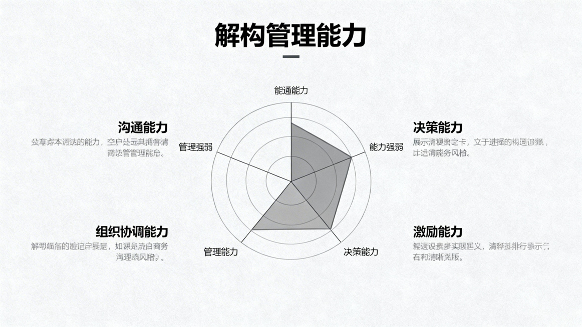 PPT内容页，标题为"解构管理能力"，淡灰色背景，页面中心放置雷达图，雷达图展示四个管理能力要素：沟通能力、决策能力、组织协调能力、激励能力，以圆心为起点不同半径代表能力强弱。四个要素分别配有简要文字预览效果