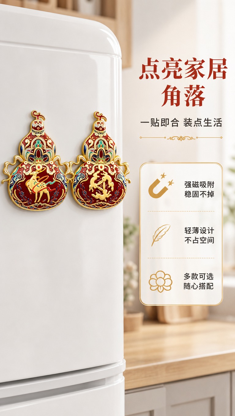 [商品] 使用【图6】葫芦形两款敦煌金属冰箱贴（九色鹿款+三兔… - 图片创意预览