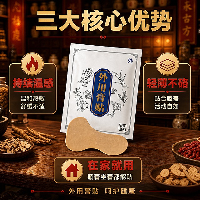 [主图-2] 核心卖点证明，主题：三大核心优势 为什么选这款膝盖贴。拼多多风格，信息清晰，卖点突出。
[统一基调] 中式传统药铺暖光氛围背景（同主图1：木质药柜、药罐、暖黄灯光的古朴中药房场景虚化），整体色调暖棕+暗金+红色点缀，主标题用粗黑体大字，辅助文案白色或浅金色，信息卡片用半透明深棕底+金色细边框，字体统一为厚重黑体，字号层级分明。
[画面] 画面中央偏上放置打开的膝盖贴外袋（白色外用药膏贴袋，与输入图一致：蓝色竖匾金色外用膏贴四字、周围手绘草药图案、右上角外字、右下角呵护健康），袋子微微倾斜展示正面。袋子下方平放1片浅棕色月牙形膝盖贴。左右两侧分布3个卖点图标和说明，呈品字形布局。背景为中药铺场景深度虚化，突出产品和卖点。
[光影质感] 商业摄影质感，暖光柔和均匀，膏贴袋有纸质纹理质感，膝盖贴展示轻薄材质，整体温暖有质感，产品下方有自然阴影。
[配色] 主色：暖棕、暗金、米白；强调色：中国红、宝蓝；辅助色：浅金、白色。背景为中药铺暖光场景虚化。
[文字版式] 顶部大标题："三大核心优势" 金色粗黑体，下方红色细横线装饰。左侧上方卖点1："持续温感" 红色大字 + 下方小字"温和热敷 舒缓不适"，配小火苗图标。右侧上方卖点2："轻薄不硌" 红色大字 + 下方小字"贴合膝盖 活动自如"，配薄片状图标。下方中间卖点3："在家就用" 红色大字 + 下方小字"躺着坐着都能贴"，配房子图标。底部小字："外用膏贴 呵护健康"。每个卖点用半透明深棕圆角卡片承载，金色细边框。
[输出要求] 1:1正方形，2048x2048，文字清晰可读，产品清晰不变形，无水印无平台logo，无多余杂物。禁止出现极限词、医疗功效宣称、人物面部。