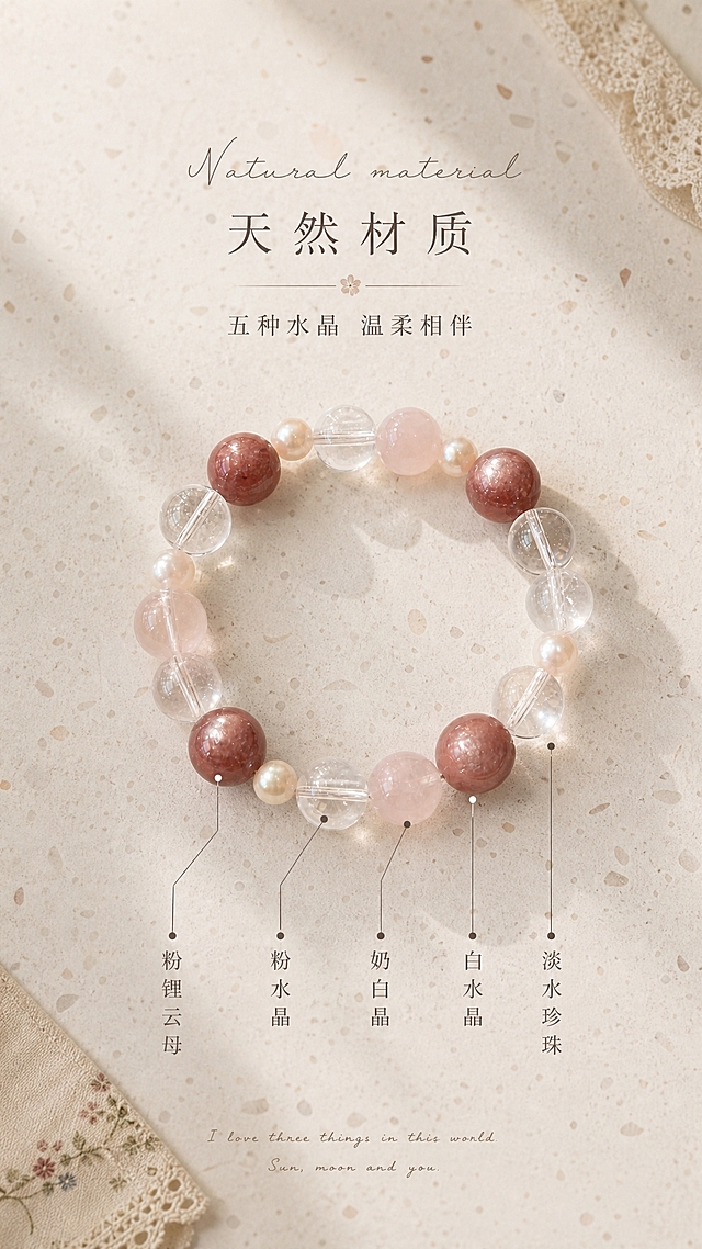 [商品] 使用【图1】粉水晶白水晶粉锂云母淡水珍珠手串；保留珠子数量、大小、颜色、排列顺序、串线孔位和圆形轮廓；珠子材质：红铜色粉锂云母、粉水晶、奶白晶、白水晶、淡水珍珠，与原图完全一致；增强各材质珠子的质感表现。
[画面] 第3张 材质介绍图。目标：温柔展示5种天然水晶材质。俯拍视角，手串呈圆形居中偏上放置在米白色水磨石肌理背景上。画面下方用纤细的引线分别指向对应珠子，标注材质名称。整体排版疏朗，文字纤细柔和不突兀。主体占比约45%。
[视觉] 套系策略：风格=ins少女风+胶片复古感+奶油暖调；标题字=纤细手写体英文+文艺宋体中文；正文字=纤细宋体；主色=奶油米白+豆沙粉；背景延展=碎花布艺/水磨石/木纹等低饱和肌理背景；强调色=豆沙粉，仅用于小面积点缀；标题色=深棕灰；正文色=中暖灰；组件=细线引线、圆角半透明卡片、手写体英文装饰；光影=窗边柔光自然光，上方均匀暖光，柔和阴影，胶片颗粒感。
[文字] 画面顶部主标题「天然材质」，副标题「五种水晶 温柔相伴」。下方用细引线标注：粉锂云母、粉水晶、奶白晶、白水晶、淡水珍珠。文字均为纤细宋体，字号适中不抢主体。底部有小号手写体英文装饰。
[规格] 图片比例9:16竖版，2K分辨率，负向：变形、错字、珠子数量不对、文字过大突兀、硬广告感、冷蓝调、水印、塑料感。