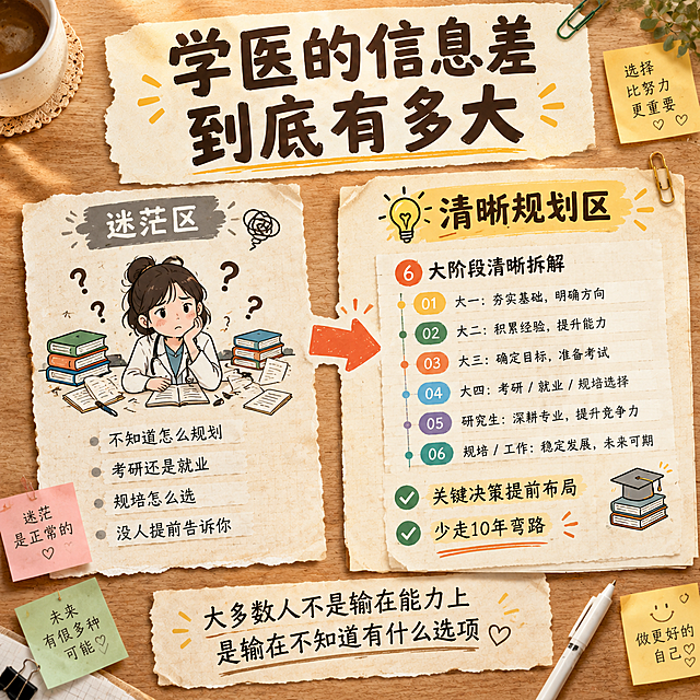 [主图2] 痛点共鸣 学医的信息差到底有多大
[商品] 使用【图4】开篇内容页作为文字参考，提取信息差核心观点；使用【图1】作为手账风格参考；产品为电子资料PDF。
[画面] 左右分栏对比布局，左侧是迷茫区：画着皱眉思考的医学生简笔画，周围漂浮问号，散落杂乱的书本和笔记，配文字 不知道怎么规划 考研还是就业 规培怎么选 没人提前告诉你。右侧是清晰规划区：展示整理好的时间轴卡片和打勾清单，配文字 6大阶段清晰拆解 关键决策提前布局 少走10年弯路。中间用箭头连接，表示从迷茫到清晰的转变。背景是木质桌面，散落便签和笔。
[视觉] 套系策略：风格=小红书原生手账风 治愈系学习氛围；标题字=手写粗体 圆润可爱；正文字=简洁印刷体 清晰易读；主色=暖米黄牛皮纸色；背景延展=木质桌面+暖米黄纸张+马卡龙色便签；强调色=暖橙红+墨绿+鹅黄；标题色=深棕黑色；正文色=深灰棕色；组件=撕边便签纸 手绘线条图标 彩色圆点标记 回形针装饰；光影=午后窗边自然光 左上暖柔光 自然投影。
[文字] 顶部大标题 学医的信息差 到底有多大 左侧痛点文字用灰色小字 右侧解决方案用深色大字加图标 底部小字 大多数人不是输在能力上 是输在不知道有什么选项
[规格] 图片比例1:1正方形，2K分辨率，medium质量，图片压缩后3M以内。避免变形、错字、模糊、杂乱、水印、平台Logo、冷蓝灰色调。