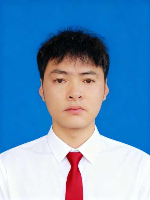 保留这张人物的头部和面部特征，将黑色上衣替换为第一张图中的白色翻领衬衣搭配红色领带，整体风格为正式证件照，保持原照片画质和蓝色背景不变预览效果