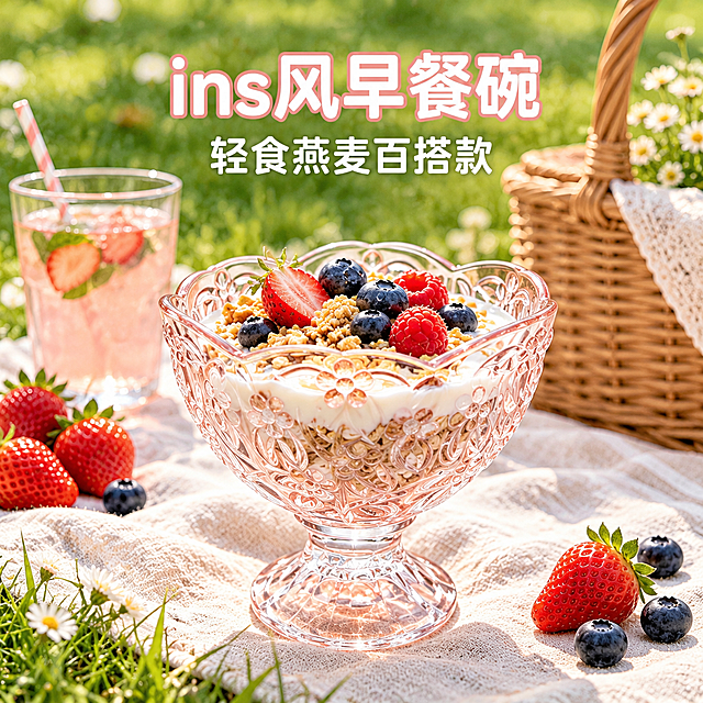 [主图-4] 户外野餐场景使用展示，体现ins风与轻食百搭的生活方式。
[统一基调] 整体风格精致温馨、洁净通透，家居氛围感；背景主色为自然绿色+暖白；标题字色为白色带浅粉描边，辅助字色为白色；字体为圆润无衬线中文字体，标题粗体大号，副标题缩小60%；画面满版无边框，不用厚重色块底板。
[画面] 产品为同款粉色浮雕花纹玻璃高脚碗，放在户外草地的米色野餐布上，碗内盛放酸奶、燕麦片、草莓、蓝莓与树莓，呈现轻食早餐状态。碗占画面约50%，居中偏下。背景有绿色草地、藤编野餐篮、一杯粉色饮品、散落的草莓和蓝莓，阳光明媚，营造ins风野餐氛围。产品与野餐布接触自然，光影与环境一致。
[光影质感] 户外自然光质感，明亮阳光从上方照射，玻璃碗有通透高光，食物色泽鲜艳诱人，草地与野餐布有自然光影，整体明亮清新，充满夏日活力。
[配色] 绿色草地+米色野餐布+粉色玻璃主体+红色莓果点缀+白色标题字，整体清新明亮。
[文字版式] 画面上方居中主标题「ins风早餐碗」，白色粗体大号字，带极浅粉色描边确保可读性；副标题「轻食燕麦百搭款」，白色中号字，在主标题下方。文字放在上半部分天空/远景负空间，不遮挡碗主体。
[输出要求] 比例1:1，文字清晰，产品清晰，食物真实诱人，场景自然。负向：变形、错字、模糊、水印、平台Logo、悬浮、塑料感、食物不新鲜。