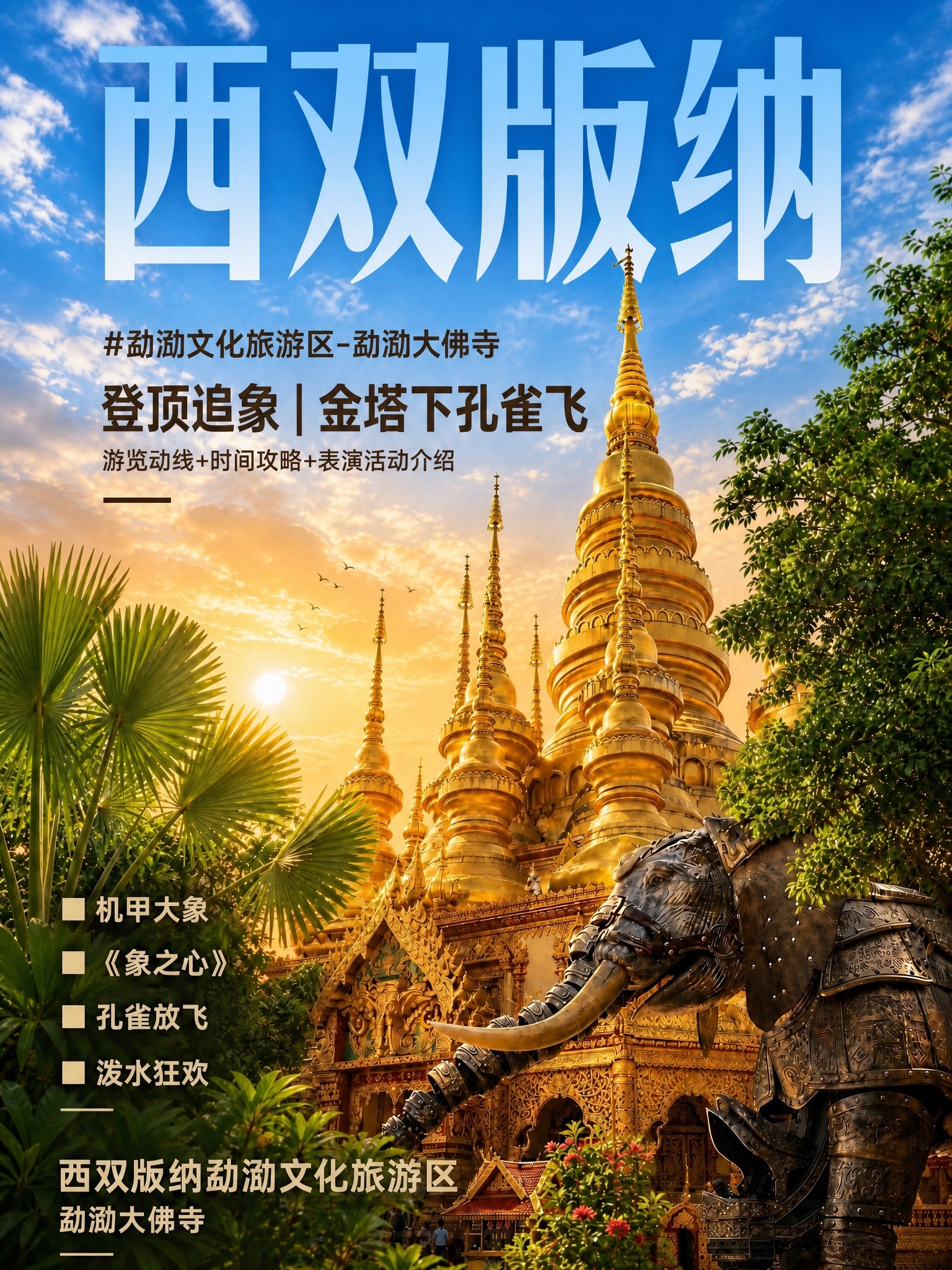 基于这张西双版纳勐泐大佛寺旅游海报进行修改：1. 天空部分保留… - 图片创意预览