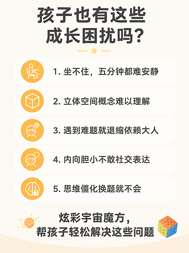 [第2屏] 家长痛点直击-孩子成长常见问题场景。本屏功能定义：通过场景化痛点引发家长共鸣，指出孩子常见问题。[氛围/风格] 温暖写实亲子风，浅暖米色底色，简约温馨，亲和力强。[元素布局] 顶部大标题区域，中间分点列出5个常见痛点，每点配简约小图标，底部引导语引出课程解决方案，整体上下排版，留白充足，不拥挤。[光影质感] 均匀柔和布光，文字清晰，图标明亮，整体舒服自然。[配色色系] 全局底色：#FFFBEB（暖米）；标题文字：#1F2937（深灰）；正文：#4B5563（中灰）；图标配色：#F59E0B（暖橙）。[视角构图] 竖版上下排版，通栏布局，信息层级清晰。[文字版式] 顶部大标题："孩子也有这些成长困扰吗？"，加粗居中；下方分5行列出痛点：1. 坐不住，五分钟都难安静 2. 立体空间概念难以理解 3. 遇到难题就退缩依赖大人 4. 内向胆小不敢社交表达 5. 思维僵化换题就不会，每行痛点前配圆形黄色小图标；底部引导语："炫彩宇宙魔方，帮孩子轻松解决这些问题"，深色居中加粗。文字大小适合手机阅读，不挤不乱。[比例分辨率] 3:4 竖版比例，4K分辨率，文字清晰可辨，超高清。[负向提示词] 文字错乱，排列拥挤，背景杂乱，颜色刺眼，低俗元素。