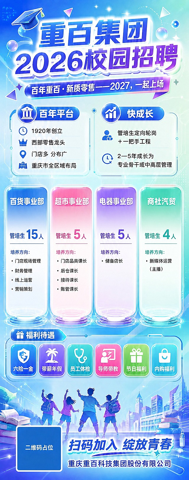 基于原图进行修改：删除四个彩色圆角卡片（百货事业部、超市事业部、电器事业部、商社汽贸）中的所有图标（衣服穿搭、零食生鲜购物篮、数码家电、汽车），仅保留卡片内的文字内容。删除图标后，卡片内的文字（事业部名称、管培生人数、培养方向列表）在卡片中重新合理布局，保持居中对齐和视觉平衡，卡片的颜色、大小、发光描边、悬浮底座和整体位置保持不变。图片整体尺寸和比例保持不变，其他所有元素（顶部标题、百年平台和快成长板块、福利待遇标签区、底部二维码和文字、背景元素）均保持原样不变。