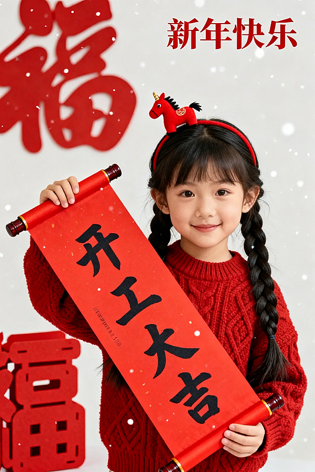 国潮风剪纸元素与大字书法结合，红白对比突出喜庆感，浮雕质感“福”字与可爱童模相映，传递中式新年祝福。