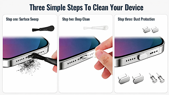 [Screen 4] Step by step function demonstration page, showing how to use the cleaning kit to clean different electronic ports. This screen uses [image1] product.
[Atmosphere/Style] Step-by-step tutorial style, clear and intuitive, realistic operation demonstration.
[Element Layout] The screen is divided into three equal horizontal sections, each section shows one cleaning step. Step 1: Use the large brush to clean the surface; Step 2: Use the fine brush to clean inside the port (use the hand holding brush scene from [image1]); Step 3: Install dust plugs to keep clean. Each step has a small title, and the product of this step is displayed in the section. All products match the structure and color of [image1].
[Light and Shadow Texture] Consistent soft lighting for all three steps, each step has clear visual focus.
[Color Scheme] Global background color #f0f2f5, each step card uses light white background, consistent with the overall system style.
[Perspective Composition] Three steps arranged horizontally, each is independent, top overall title.
[Text Layout] Top overall title "Three Simple Steps To Clean Your Device", each step title is "Step one: Surface Sweep", "Step two: Deep Clean", "Step three: Dust Protection", all text in English, clear font, each step's text is placed on the top of the section.
[Proportional Resolution] 97:30 horizontal ratio, 4K resolution, text is clear and recognizable.
[Negative Prompt] Wrong step order, deformed products, text confusion, Chinese characters, unreasonable hand posture, watermark.