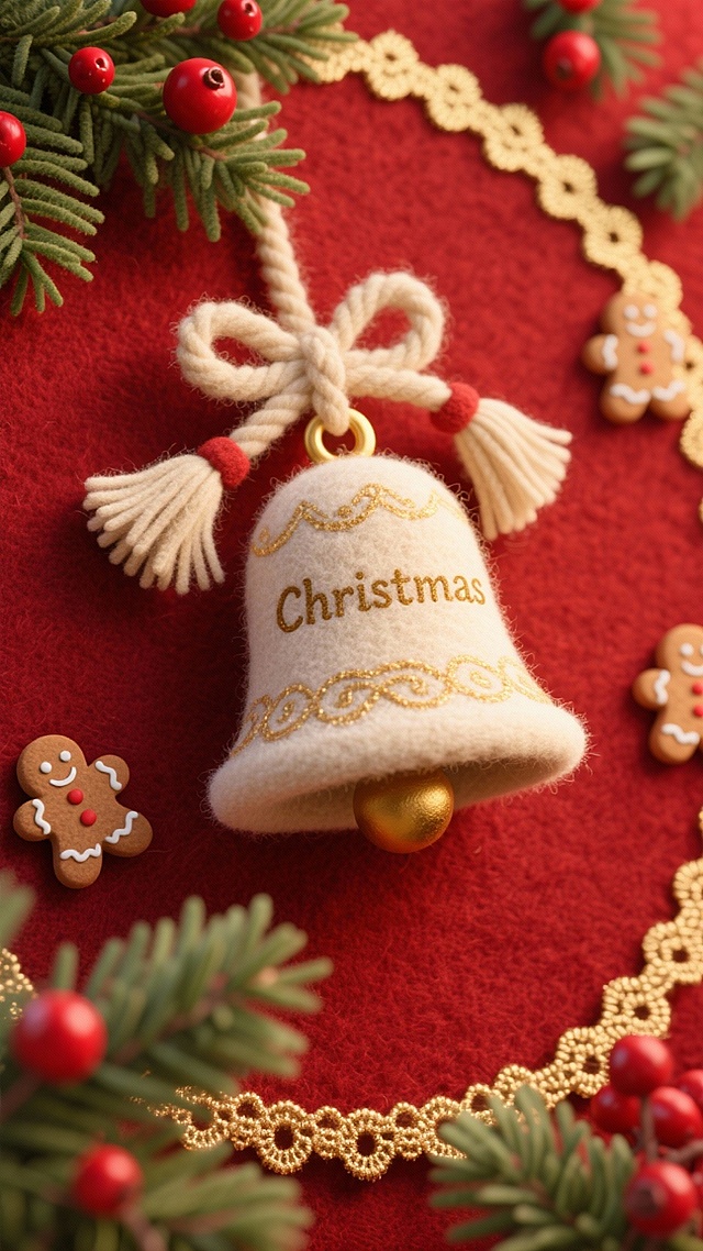 特写的复古圣诞铃铛（铃身鎏金纹路 +“Christmas” 字样 + 挂绳米色流苏）。周围环绕松针、红浆果、迷你姜饼人。酒红色背景，边缘以金色蕾丝环绕。仰视角构图。