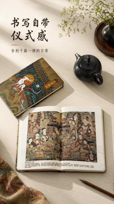 [第2屏] 场景种草-敦煌文创笔记本茶空间使用场景展示。本屏使用【图9】作为商品主体。
[氛围/风格] 新中式国风场景，宁静雅致，文化氛围感，实景拍摄质感。
[元素布局] 打开的笔记本平放在画面中下位预览效果