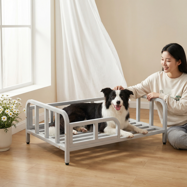浅灰色金属框架狗床，保持原产品物理结构绝对不变，床下面没有轮子，床腿没有额外东西，床上没有床垫。产品主体不变形不扭曲。
三分法构图，平稳放置在原木温馨客厅的木地板上，小清新家庭氛围。
床上趴着一只开心预览效果