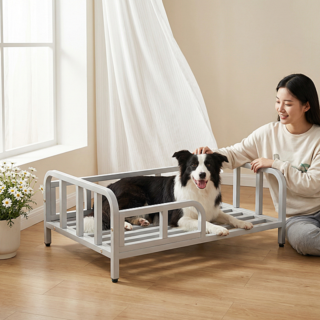 浅灰色金属框架狗床，保持原产品物理结构绝对不变，床下面没有轮子，床腿没有额外东西，床上没有床垫。产品主体不变形不扭曲。
三分法构图，平稳放置在原木温馨客厅的木地板上，小清新家庭氛围。
床上趴着一只开心的边牧，画面右侧有一位青春学生风东亚女孩，穿着宽松卫衣，温柔抚摸狗狗，姿态松弛自然。
柔和明亮漫射暖光，左侧透窗打入，阴影极淡柔和，画面明亮干净，低对比度。
窗边微风飘动白纱帘，角落摆放白色小雏菊盆栽，营造生活氛围与生机。
商业淘宝主图摄影，8K分辨率，极高材质细节，干净通透，小清新治愈风格。保持 1:1 画面比例。