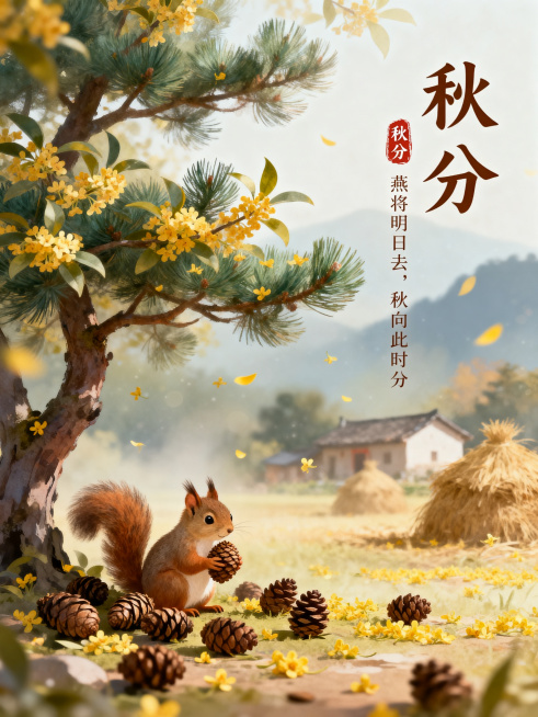 弥散风格秋分节气插画海报，虚实结合，近景桂花树和松树，松树下掉落很多松果，一只小松鼠抱着松果，远景乡村房屋、丰收草堆，桂花飘落满地，远处是山的影子，竖向排版艺术字体标题"秋分"，旁边是"秋分"印章，副预览效果
