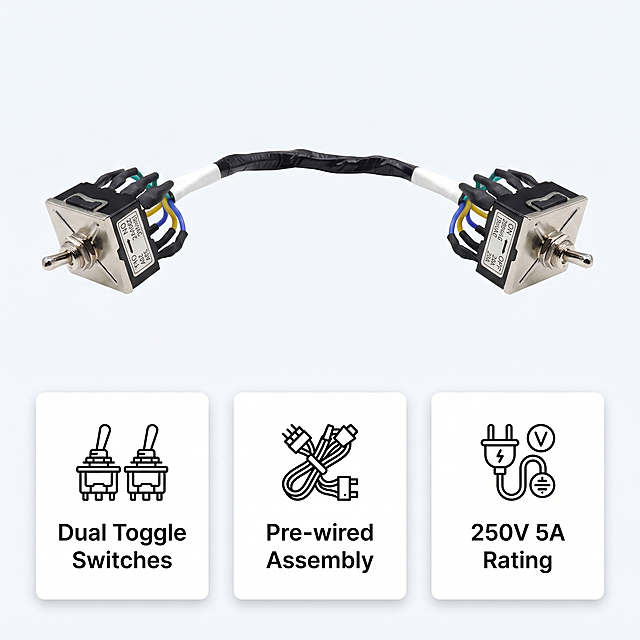 [Main Image 3] Core product features. Keep original product appearance. Show three core advantages with icons and English text in three columns on light background: 1. Icon with text "Dual Toggle Switches"; 2. Icon with text "Pre-wired Assembly"; 3. Icon with text "250V 5A Rating". Product displayed on upper half of image, three feature cards at bottom. All text in English. 1:1 square.