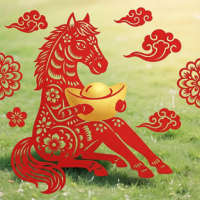 参考图 1 的姿势，图 2 的主体，生成马年元素