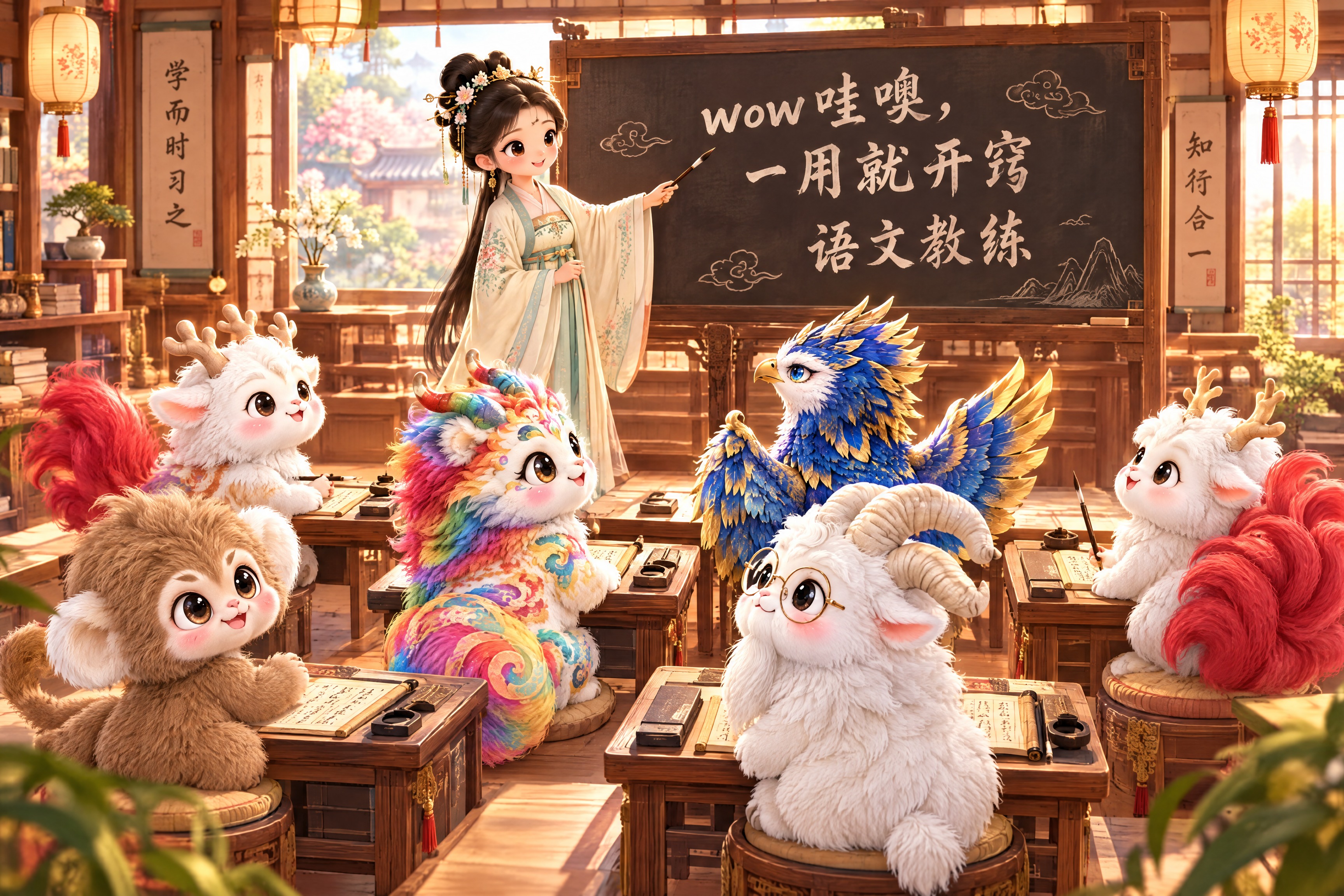 中国古代教室场景，一位穿着汉服的女老师站在黑板前，六个可爱的毛… - 图片创意预览