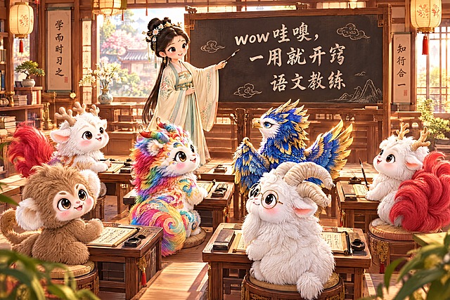 中国古代教室场景，一位穿着汉服的女老师站在黑板前，六个可爱的毛绒神兽坐在课桌前认真听课。六个神兽分别是：棕色大耳朵猴子神兽、白色鹿角红尾巴神兽、彩虹色花纹麒麟神兽、蓝金色翅膀老鹰神兽、戴眼镜白胡子山羊神兽、九尾蓝尾白羊神兽。黑板上用毛笔字写着"wow哇噢，一用就开窍 语文教练"。整体风格可爱温馨，3D卡通渲染，柔和光线，细节丰富，色彩明亮。