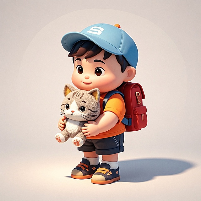 软3D风卡通男孩怀抱猫咪，可爱温馨