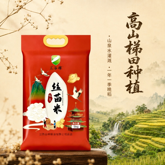 使用电商主图技能生成4张比例1:1的电商主图，适配平台为淘宝/天猫，商品为「图片1」「图片1」「图片1」「图片1」，商品卖点为卖点1：连山高山梯田种植，山泉水灌溉，一年仅一季晚稻； 卖点2：细长丝苗米预览效果