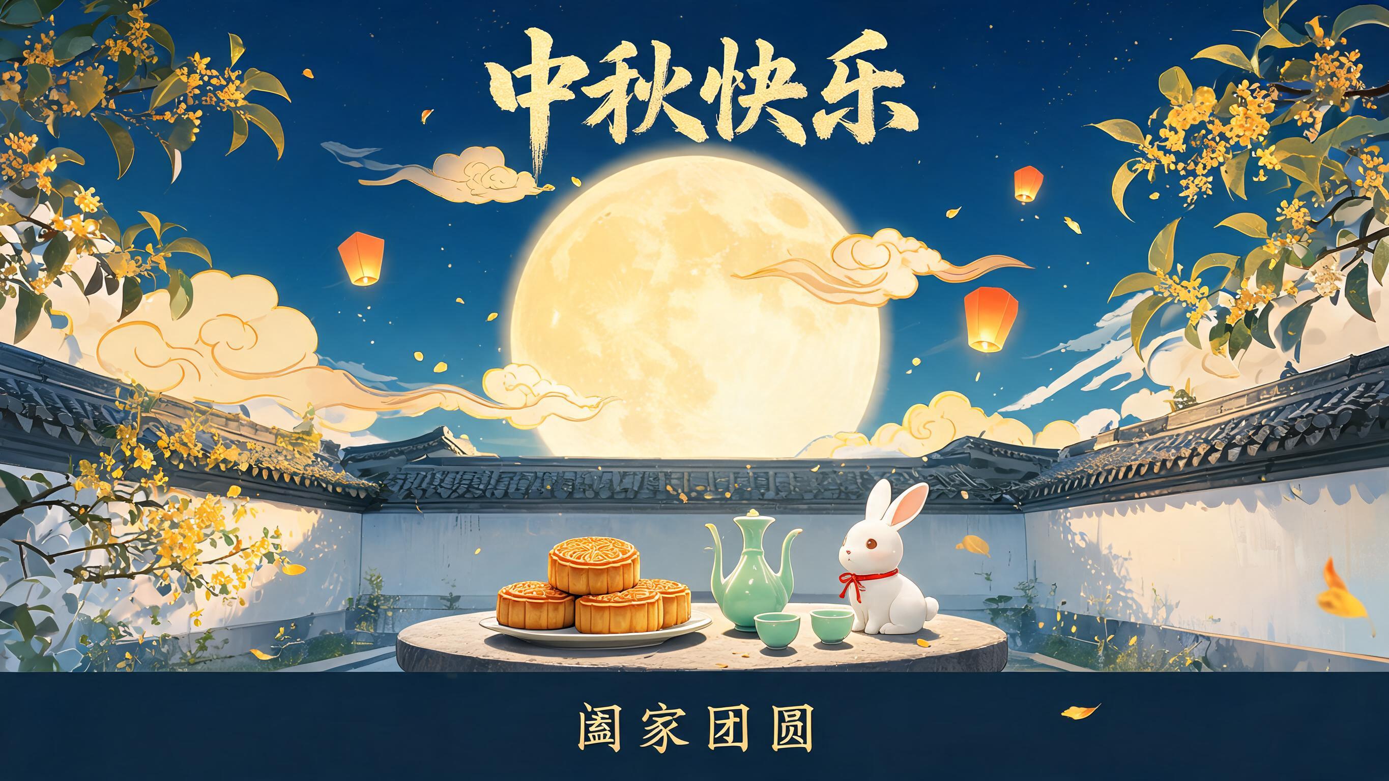 中秋节主题公众号首图，画面中央是一轮巨大的明亮满月，月光洒在古… - 图片创意预览