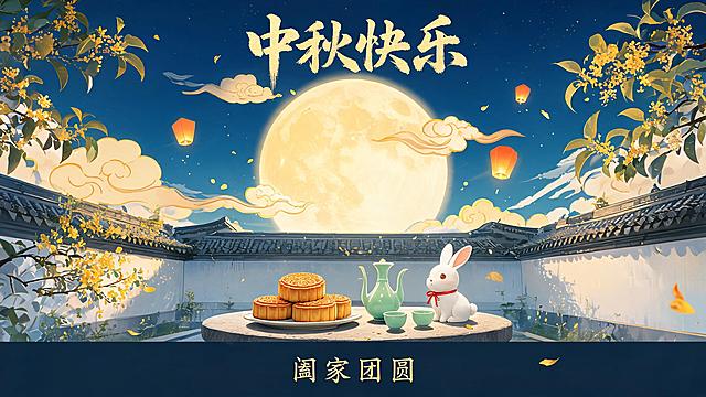 中秋节主题公众号首图，画面中央是一轮巨大的明亮满月，月光洒在古色古香的中式庭院，庭院里摆放着月饼、桂花酒和玉兔摆件，远处有孔明灯缓缓升起，天空中飘着几朵祥云。画面上方有醒目的大字标题"中秋快乐"，下方有副标题"阖家团圆"，整体色调温暖柔和，以金色、暖橙色和深蓝色为主，中国风插画风格，节日氛围浓厚，构图适合公众号封面展示