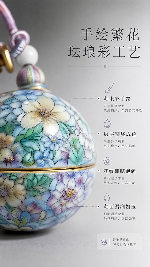 [商品] 使用【图1】骨子里繁花陶瓷香囊球挂饰；保留球形陶瓷主体、蓝绿紫调繁花珐琅彩图案、金色中分线的结构、颜色和材质；放大陶瓷表面花纹细节，增强釉面通透感与手绘笔触质感，不改变图案设计。
[画面] 页面目标：工艺细节展示，突出手绘繁花珐琅彩的精致质感。构图：左侧大特写产品主体占60%，右侧留白放文字说明，左实右虚。景别：微距特写。阅读动线：顶部小标题→左侧产品微距→右侧卖点文字。前中后景：前景陶瓷表面花纹极致清晰、中景球体弧度自然、后景渐变灰背景柔和虚化。
[视觉] 套系策略：风格=东方雅致简约高级商业摄影；标题字=纤细宋体衬线体；正文字=现代无衬线细体；主色=渐变灰（浅灰至中灰过渡）；背景延展=基于渐变灰做深浅层级、细腻雾面质感与柔和侧光；强调色=雾霾蓝紫，仅用于小面积图标、引线和标签点缀；标题色=深炭灰；正文色=中暖灰；组件=细线引线、极细分割线、圆角浅灰信息卡；光影=右前侧柔光灯影，陶瓷表面呈现自然高光反射。
[文字] 右上主标题「手绘繁花 珐琅彩工艺」，下方4个工艺卖点：釉上彩手绘 / 层层窑烧成色 / 花纹细腻饱满 / 釉面温润如玉。配细线引线指向陶瓷表面对应花纹部位。文字横排，字号保证手机端可读。
[规格] 图片比例9:16竖版，4K分辨率，负向提示：避免变形、错字、文字过小、冷蓝背景、陶瓷颜色改变、花纹错乱、结构失真、绝对化用语。