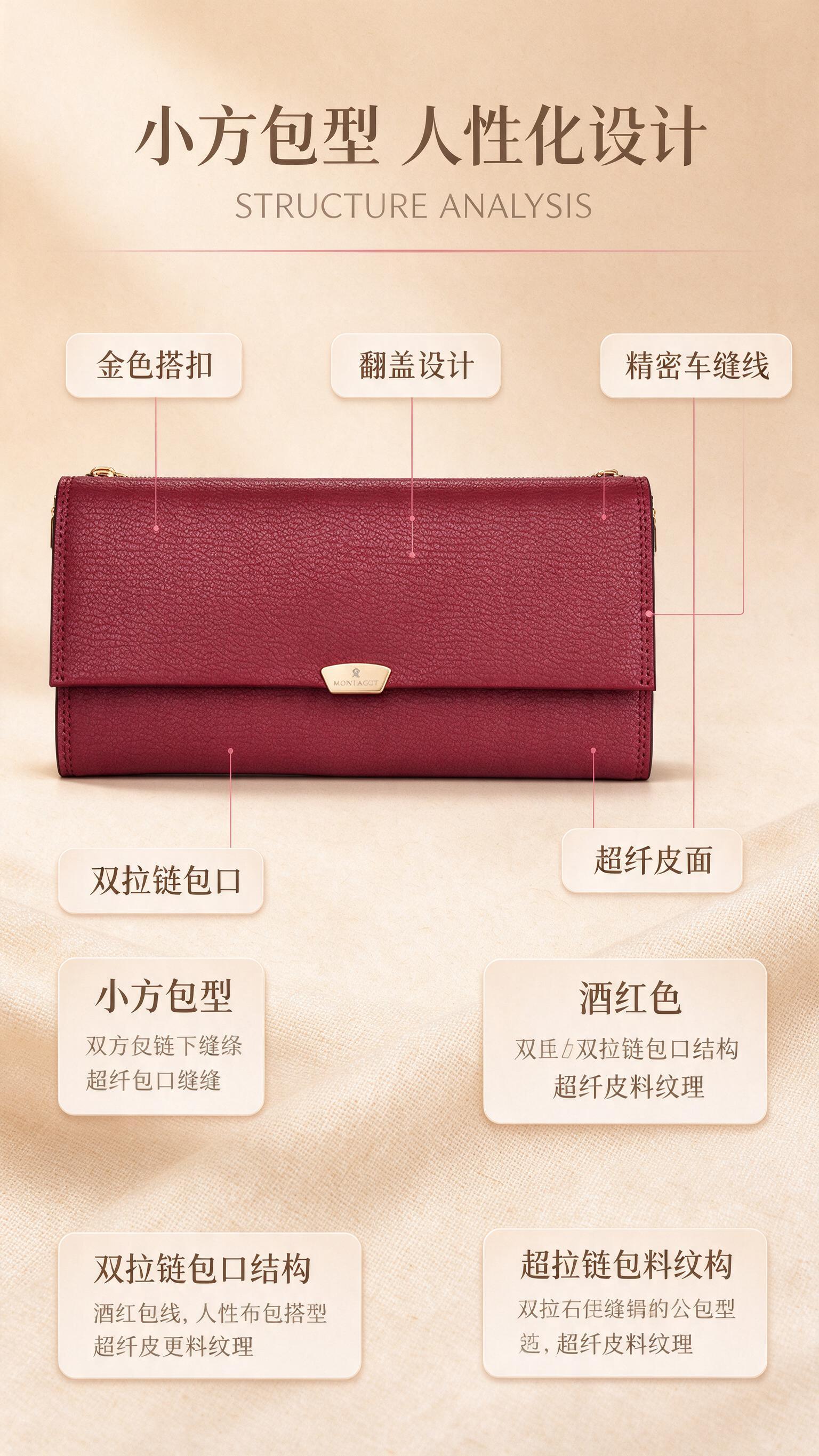 [商品] 使用【图2】酒红色搭扣钱包；保留小方包型、翻盖、金色… - 图片创意预览