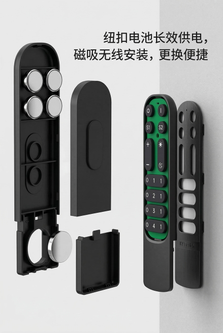 科技风干净背景，左侧电池仓拆解特写，纽扣电池、卡槽完整呈现，右侧磁吸底座壁挂效果，叠加文字"纽扣电池长效供电，磁吸无线安装，更换便捷"文字清晰，简洁科技风，组件清晰，焦点锐利，无冗余元素，严格还原产品预览效果